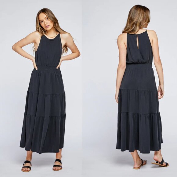 GENTLE FAWN Lucinda Black Tiered Smocked Waist Maxi Dress Womens M Transitional - Picture 1 of 8